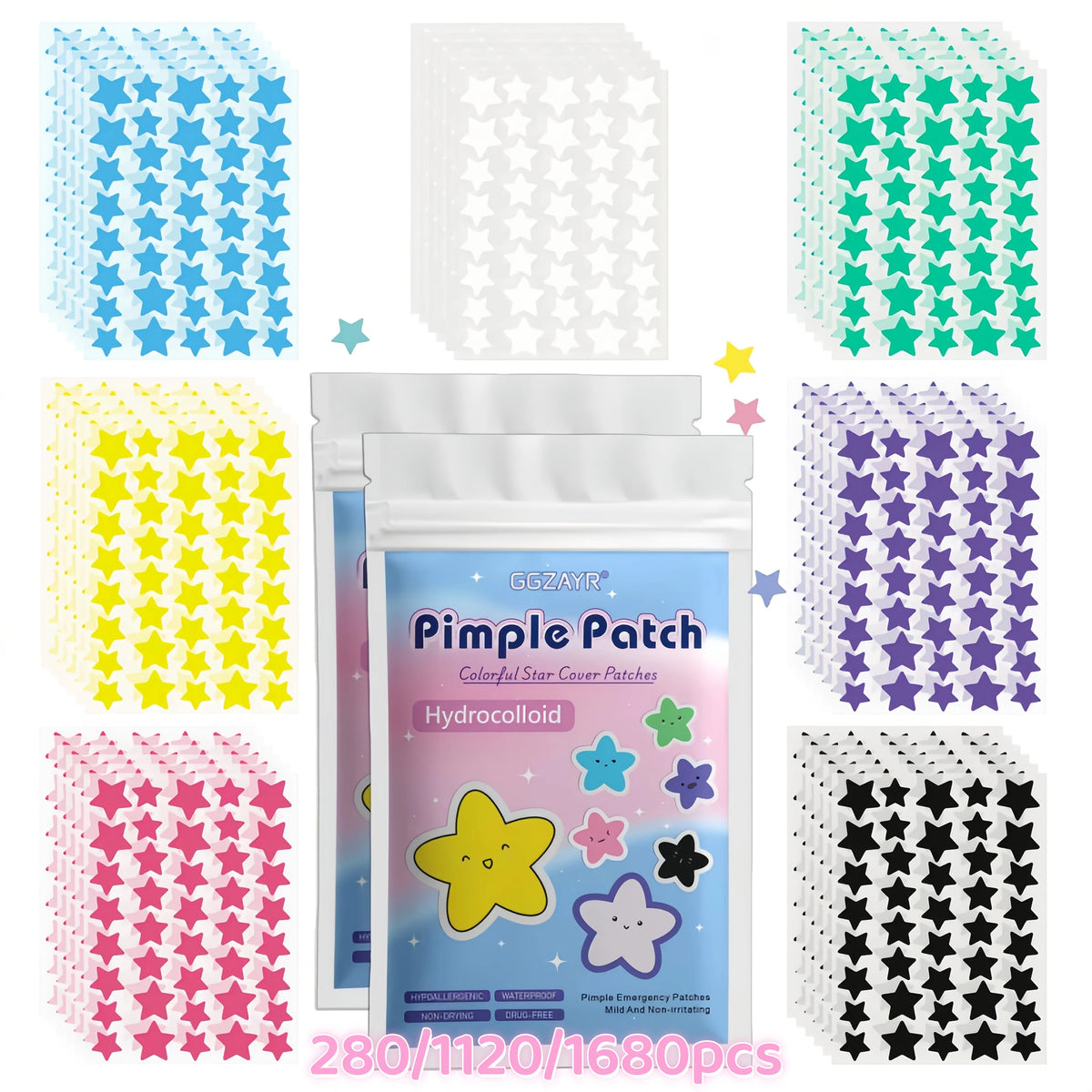 CHROMA-STAR HYDRO-SHIELD | 7-Color Star Hydrocolloid Blemish Patches (280 / 1120 / 1680 Pack)