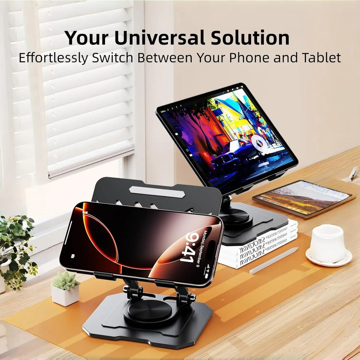 Adjustable Rotatable Dual Rod Carbon Steel Desktop Tablet Holder Suitable for 4.7–16.5 iPad Tablet Portable Monitor and Kindle