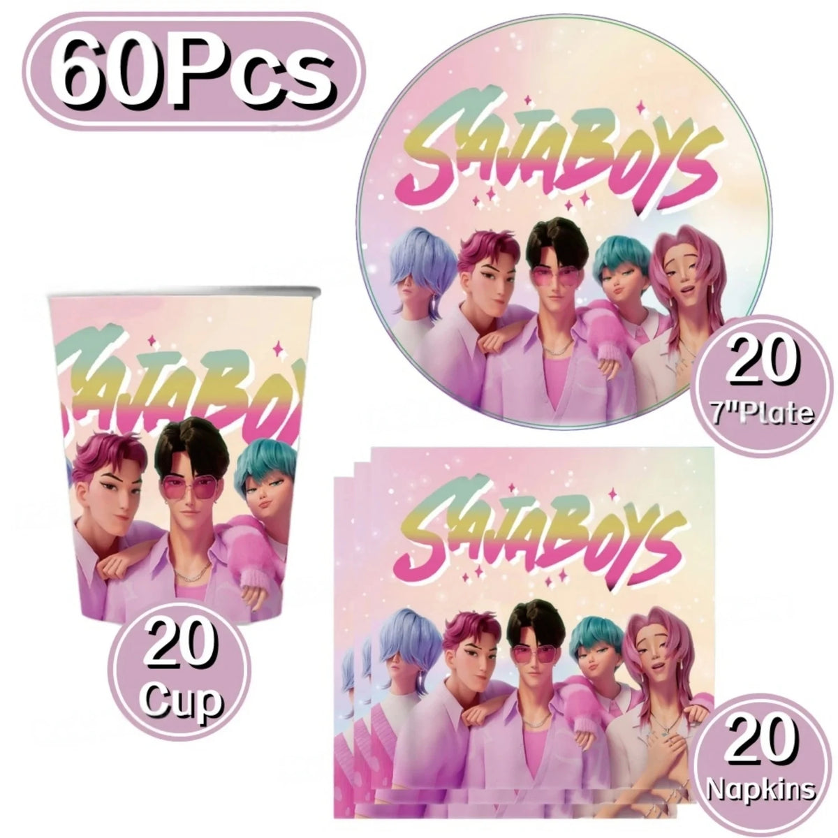 60Pcs Kpo Girl Theme Disposable Tableware Set Cartoon Paper Plates Cups Napkins Kids Birthday Baby Shower Party Supplies Decor