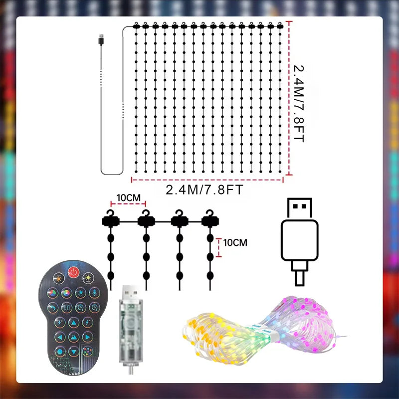 Smart LED Curtain Lights with App Control & Music Sync – Customizable DIY Patterns & Text, Waterproof RGB Fairy Lights for Bedroom, Patio, Holiday & Party Decor