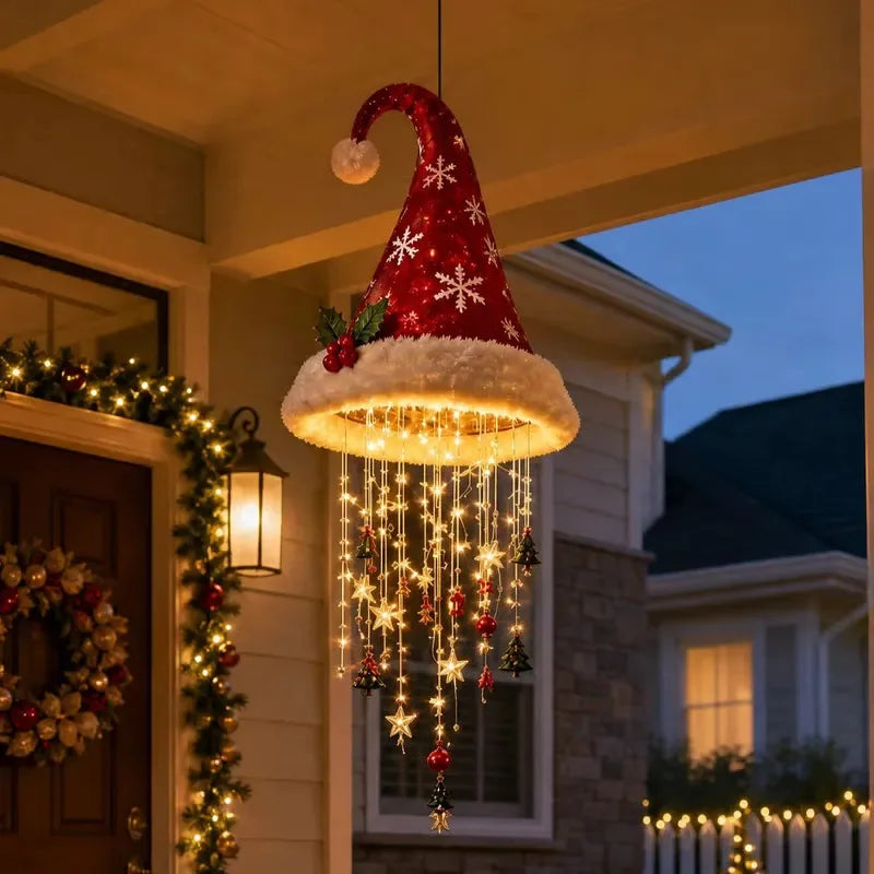 Lighted Santa Hat Hanging Chandelier,3 Styles Warm LED Christmas String Light with Festive Ornaments,Holiday Lighting Decor