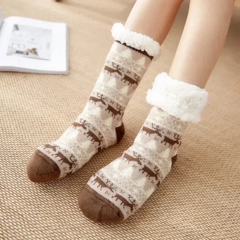 Winter Warm Socks Women Penguin Plush Soft Female Non Grip Floor Slippers Short Sock Fuzzy Fluffy Deer Elk Bear Christmas Gift