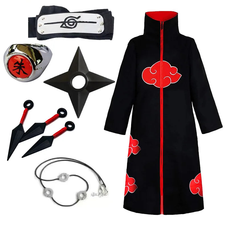 Akatsuki Uchiha Itachi Cloak for Adult Long Black Robe Capes Halloween Carnival Cosplay Costume with Accessories