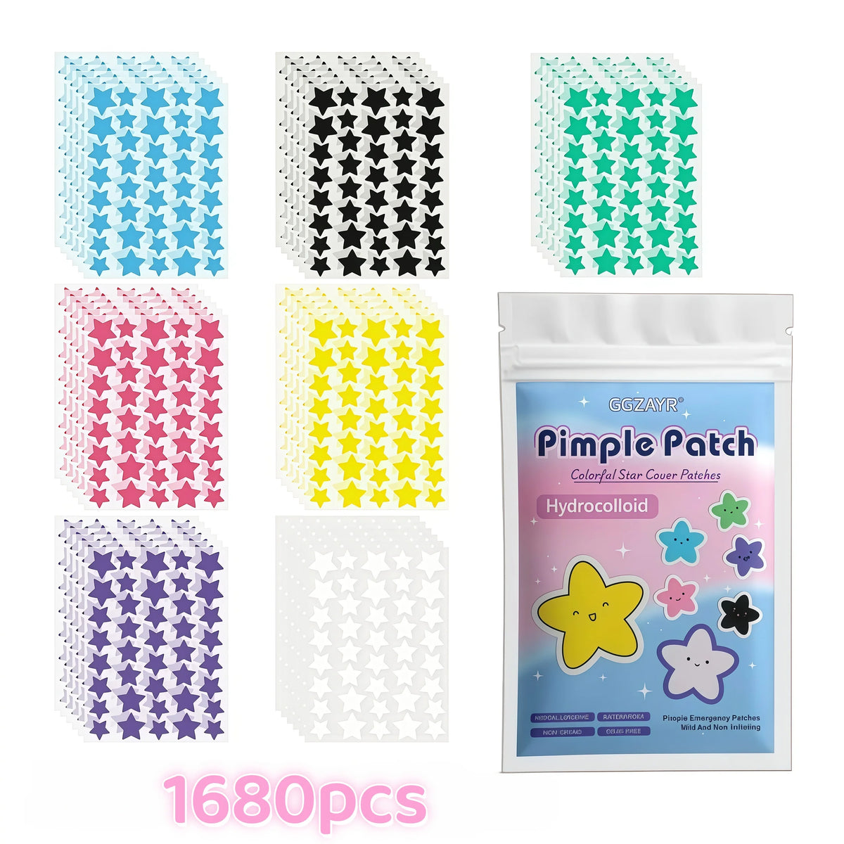CHROMA-STAR HYDRO-SHIELD | 7-Color Star Hydrocolloid Blemish Patches (280 / 1120 / 1680 Pack)