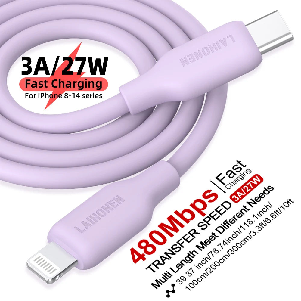 Liquid Silicone USB-C to Lightning Cable – 27W PD Fast Charging Soft Skin-Friendly Cord for iPhone 14/13/12/11 Pro Max, iPad & AirPods