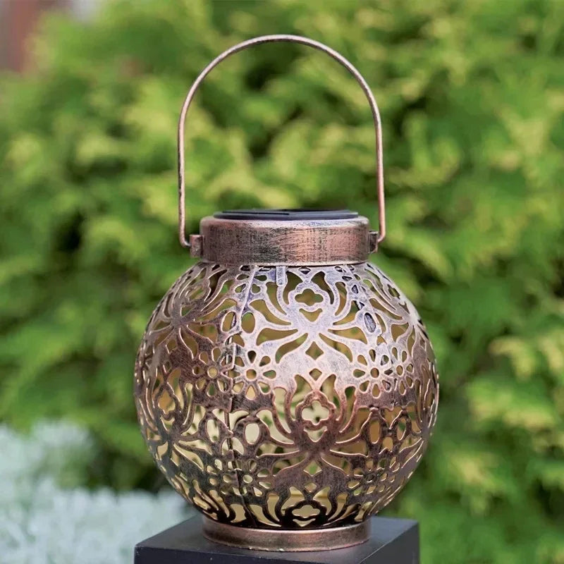 Solar LED Lantern Light, Outdoor Hanging Projection Light with Hollow Wrought Iron Design Waterproof Yard Garden Art Decoration