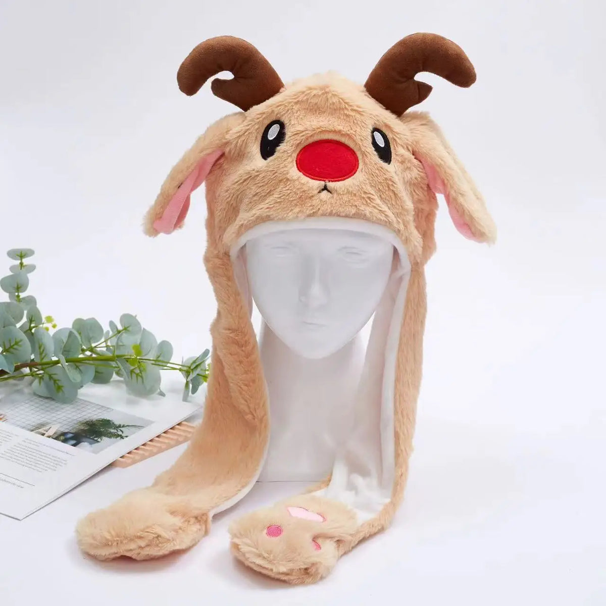 Funny Moving Ears Plush Hat – Airbag Flapping Animal Ear Beanie, Cute Santa, Reindeer & Halloween Cosplay Costume Hat for Kids & Adults