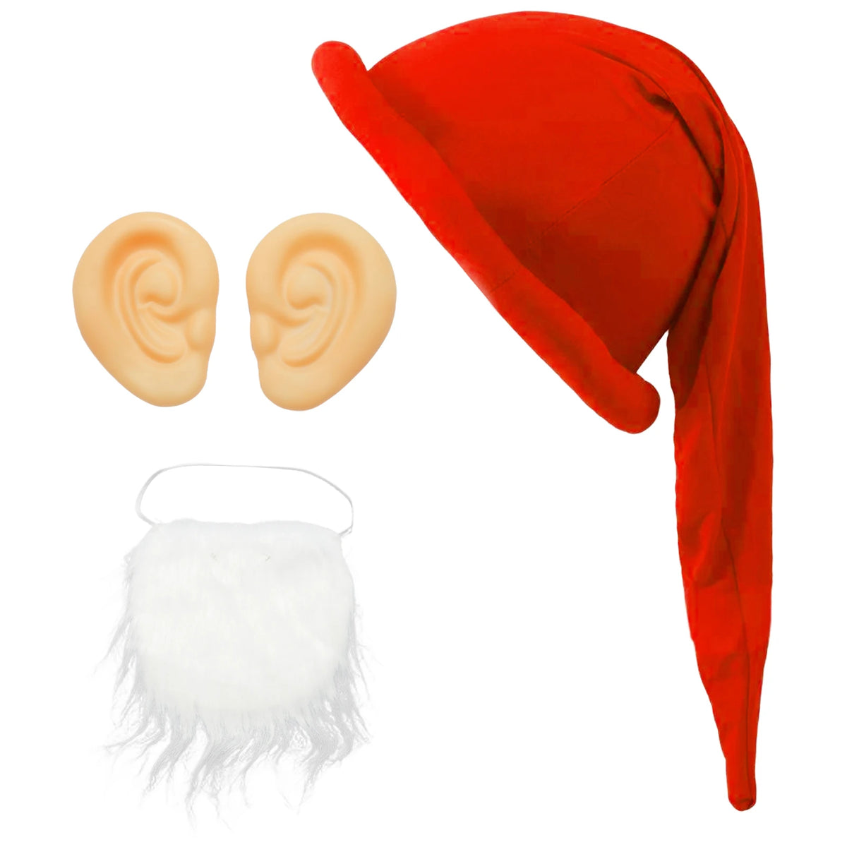 Christmas Dwarf Gnome Elf Cosplay Costume Accessories Padded Brim Hat with 1 Pair Ears White Beard Halloween Xmas Party Props