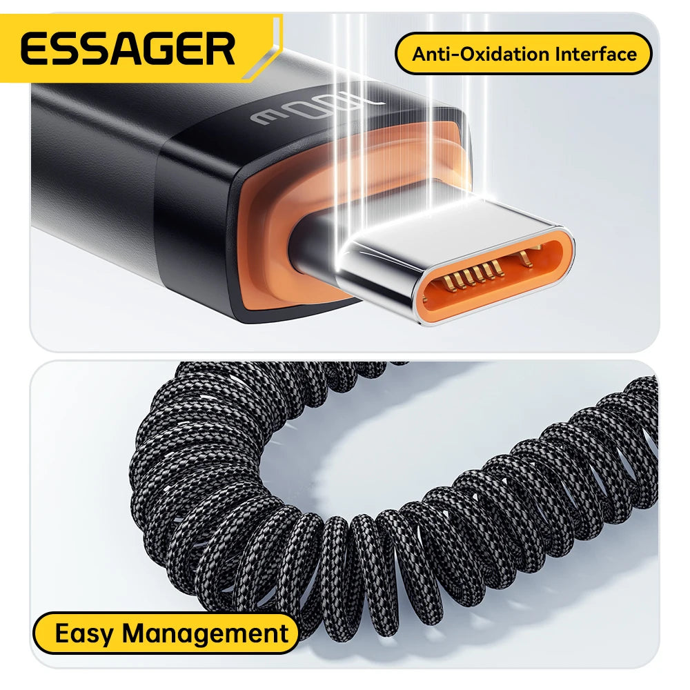 Essager Coiled USB-C to USB-C Spring Cable – 100W / 60W PD Fast Charging Retractable Car Charger Cord for iPhone 16/15, Samsung, iPad & Laptops