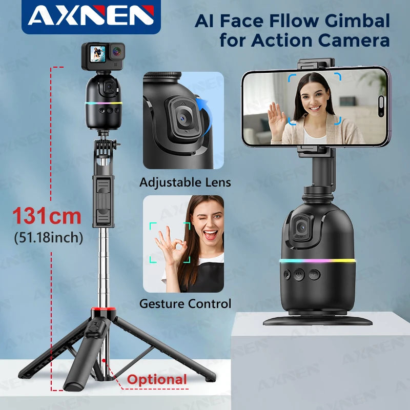 AI Smart Auto Face Tracking Phone Holder – 360° Rotating Gimbal Stand with Gesture Control for iPhone, Android, GoPro & Vlogging (No App Needed)