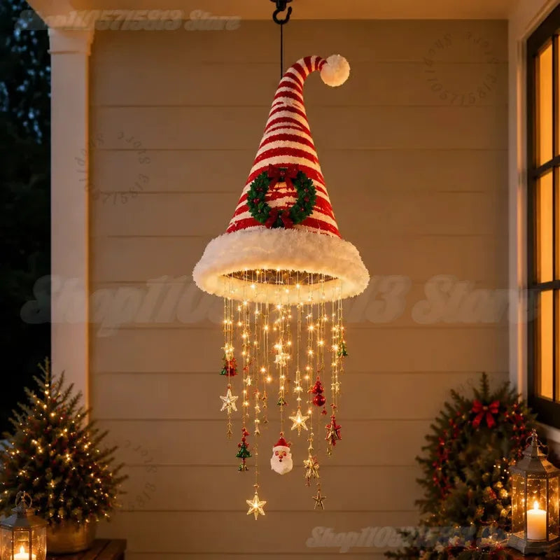 Lighted Santa Hat Hanging Chandelier,3 Styles Warm LED Christmas String Light with Festive Ornaments,Holiday Lighting Decor