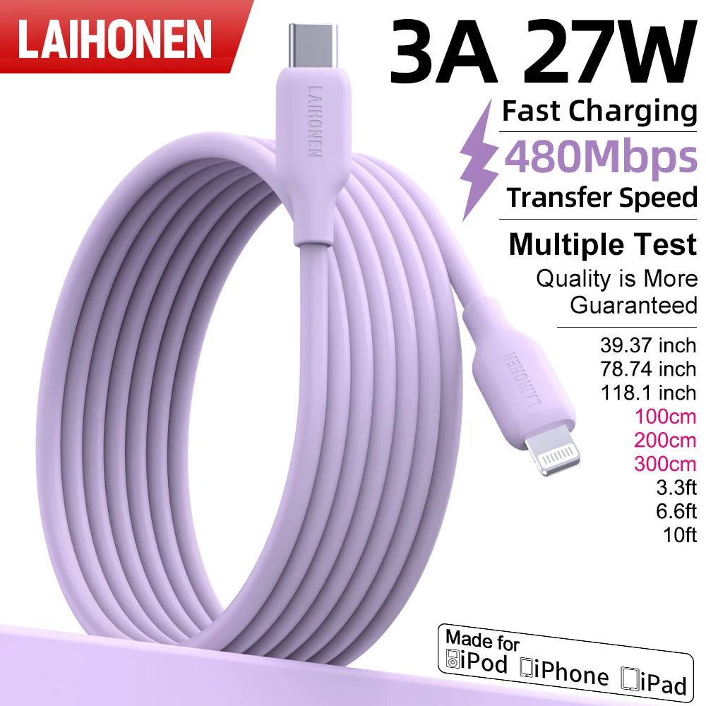 Liquid Silicone USB-C to Lightning Cable – 27W PD Fast Charging Soft Skin-Friendly Cord for iPhone 14/13/12/11 Pro Max, iPad & AirPods