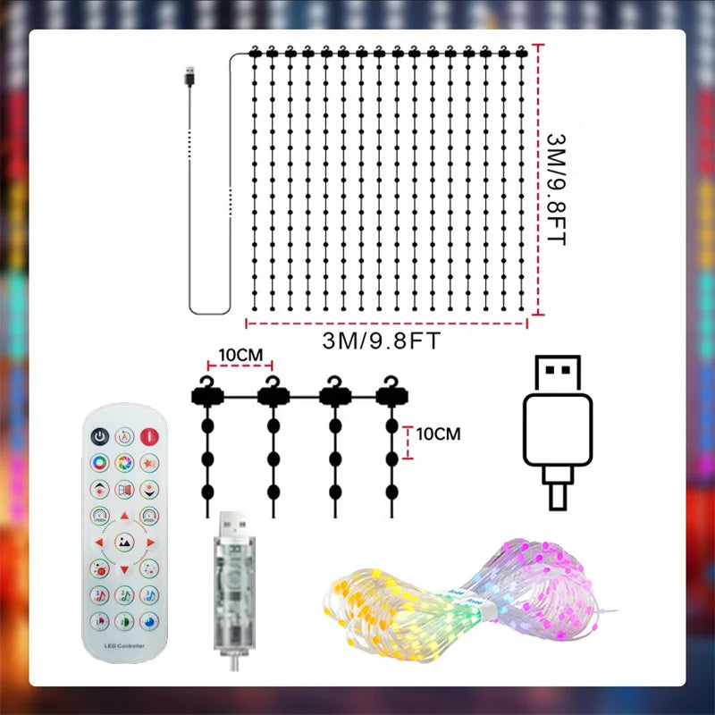 Smart LED Curtain Lights with App Control & Music Sync – Customizable DIY Patterns & Text, Waterproof RGB Fairy Lights for Bedroom, Patio, Holiday & Party Decor
