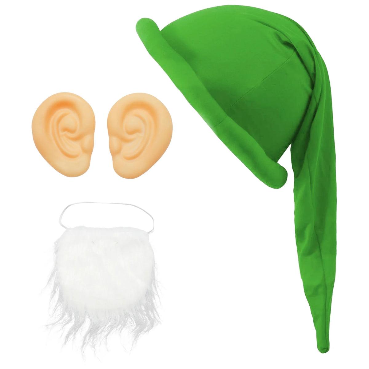 Christmas Dwarf Gnome Elf Cosplay Costume Accessories Padded Brim Hat with 1 Pair Ears White Beard Halloween Xmas Party Props