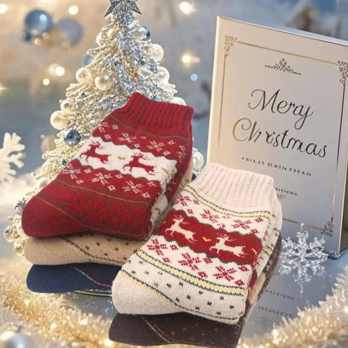 5 pairs of Christmas socks, autumn and winter warm Christmas deer socks, unisex, Christmas atmosphere outfit, women's gift
