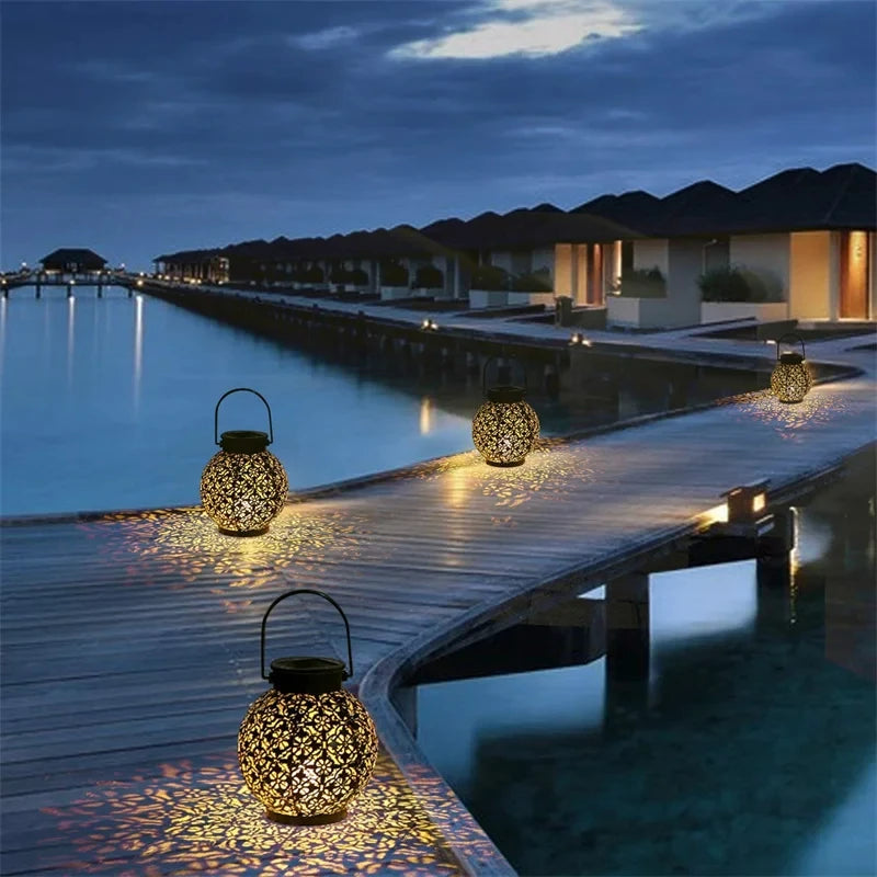 Solar LED Lantern Light, Outdoor Hanging Projection Light with Hollow Wrought Iron Design Waterproof Yard Garden Art Decoration