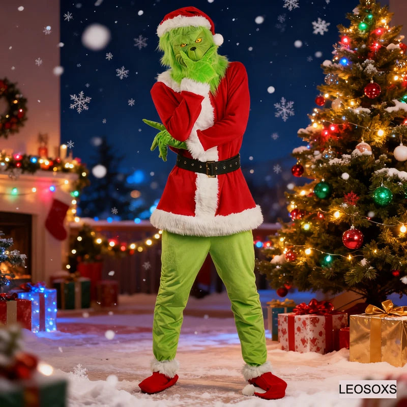 High Quality Santa Claus Grin Christmas Costume Complete Set Coat Pant Hat Mask Adult Cosplay Party Green Monster Shaggy Costume