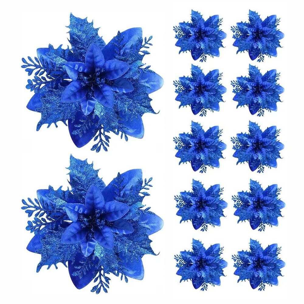 5/10pcs 14.5cm Christmas Flower Ornaments,Pink,Red,Gold,Glitter Artifical Flowers For Christmas Tree,Xmas Decoration For Home