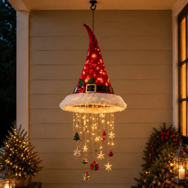 Lighted Santa Hat Hanging Chandelier,3 Styles Warm LED Christmas String Light with Festive Ornaments,Holiday Lighting Decor