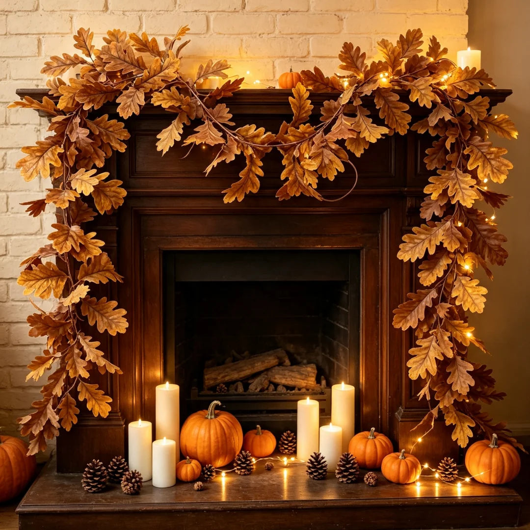 Artificial Oak Leaf Fall Garland, Autumn Vine Garland for Thanksgiving Halloween Farmhouse Fireplace Table Decor ﻿