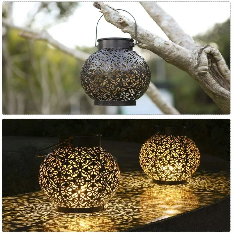 Solar LED Lantern Light, Outdoor Hanging Projection Light with Hollow Wrought Iron Design Waterproof Yard Garden Art Decoration
