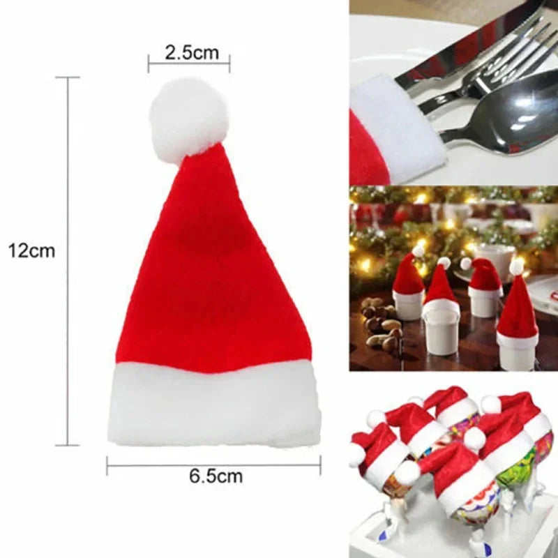 Mini Santa Hat Cutlery Holders – Festive Christmas Dinner Tableware Pouch for Fork & Knife, Holiday Dinner Party Decor & Favor