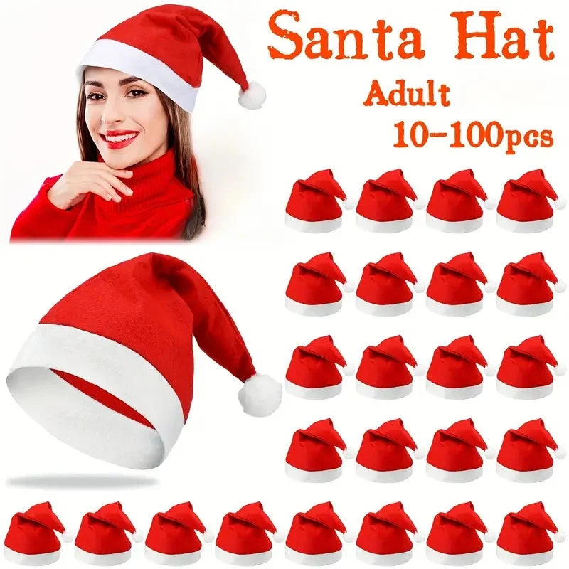 10-100 Non-Woven Santa Hats, Adult Christmas Hats, Christmas and New Year Party Holiday Decorations, Pp Material, Machine Washable, Feather-Free, Suitable for Home Kitchen Party Supplies