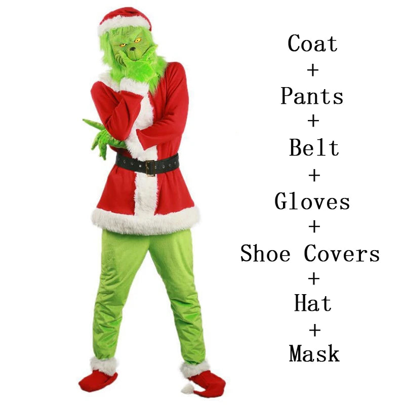 High Quality Santa Claus Grin Christmas Costume Complete Set Coat Pant Hat Mask Adult Cosplay Party Green Monster Shaggy Costume