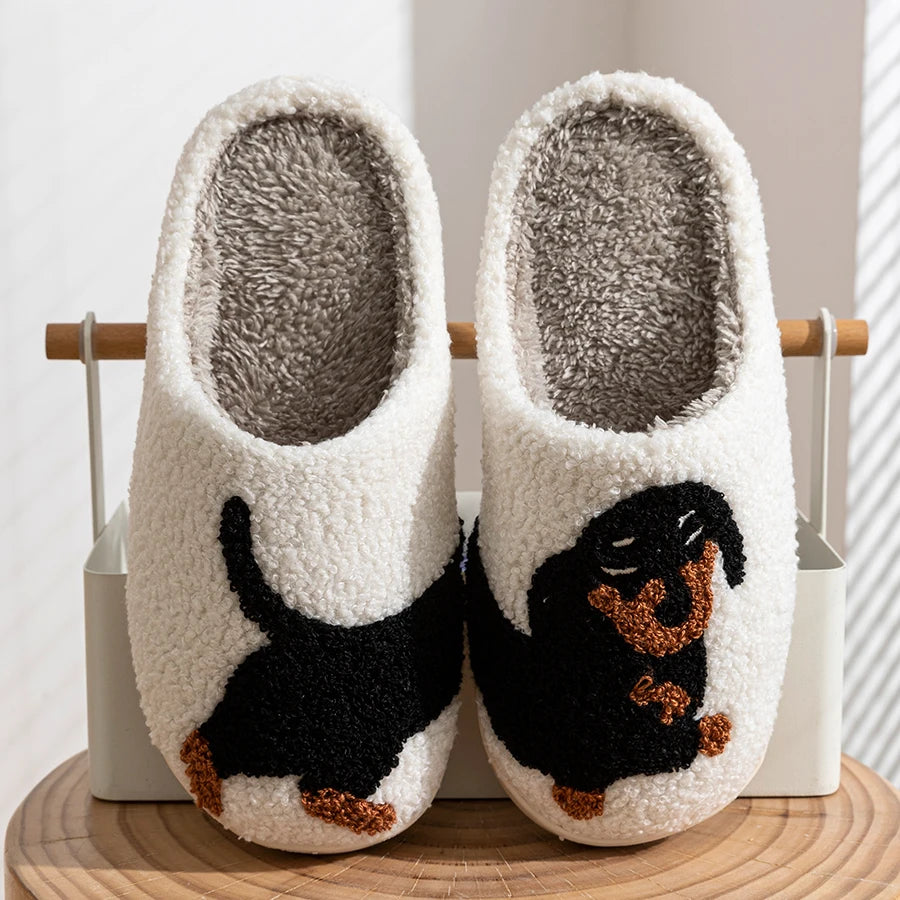 Women Slippers Cartoon Cute Interesting Dachshund Dog Indoor Warm Comfort Lightweight Bedroom Couple Winter Cotton Shoes