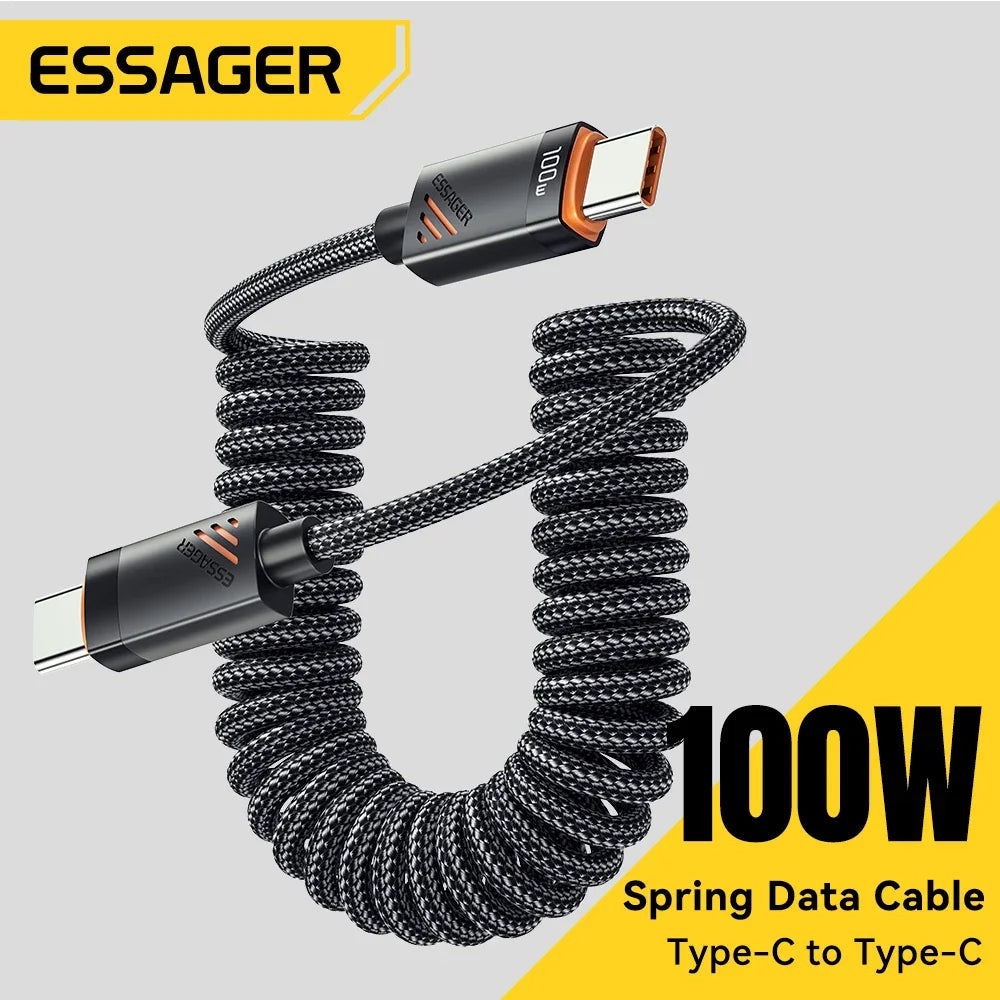 Essager Coiled USB-C to USB-C Spring Cable – 100W / 60W PD Fast Charging Retractable Car Charger Cord for iPhone 16/15, Samsung, iPad & Laptops