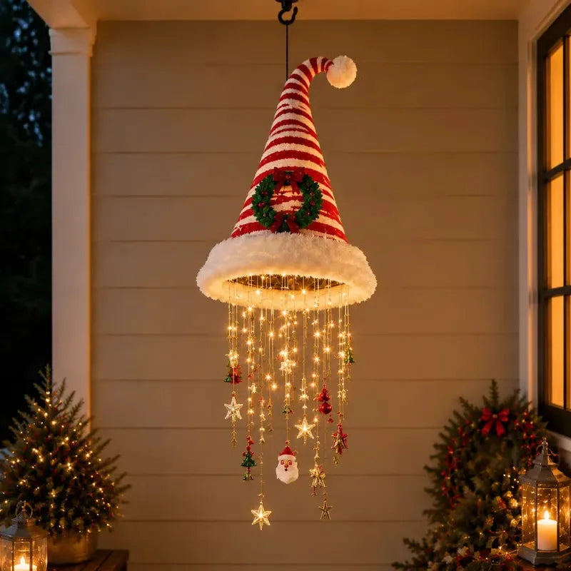 Lighted Santa Hat Hanging Chandelier,3 Styles Warm LED Christmas String Light with Festive Ornaments,Holiday Lighting Decor