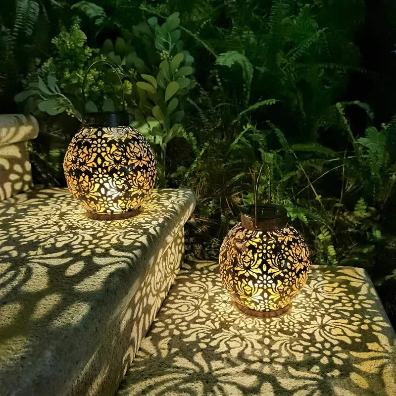 Solar LED Lantern Light, Outdoor Hanging Projection Light with Hollow Wrought Iron Design Waterproof Yard Garden Art Decoration