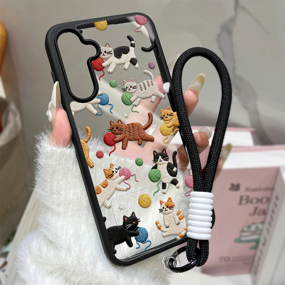 Cute Cat Phone Case For Samsung Galaxy A17 A07 A56 5g A16 A55 A54 A36 A26 A35 S26 S25 Ultra S24 FE S23 Lanyard Matte Clear Cover