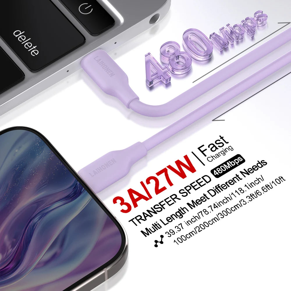 Liquid Silicone USB-C to Lightning Cable – 27W PD Fast Charging Soft Skin-Friendly Cord for iPhone 14/13/12/11 Pro Max, iPad & AirPods