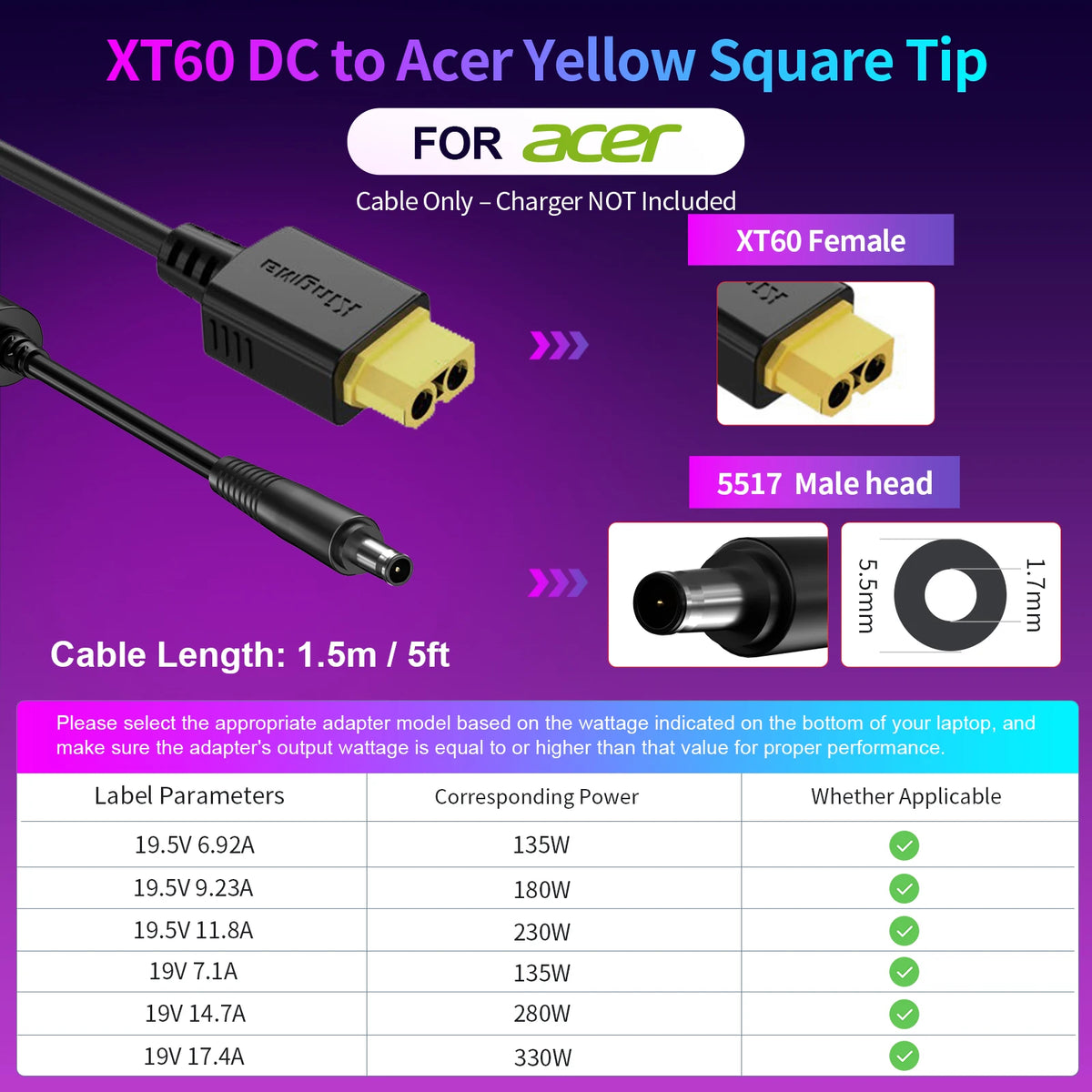 330W GaN Laptop Charger - XT60 to DC Power Adapter
