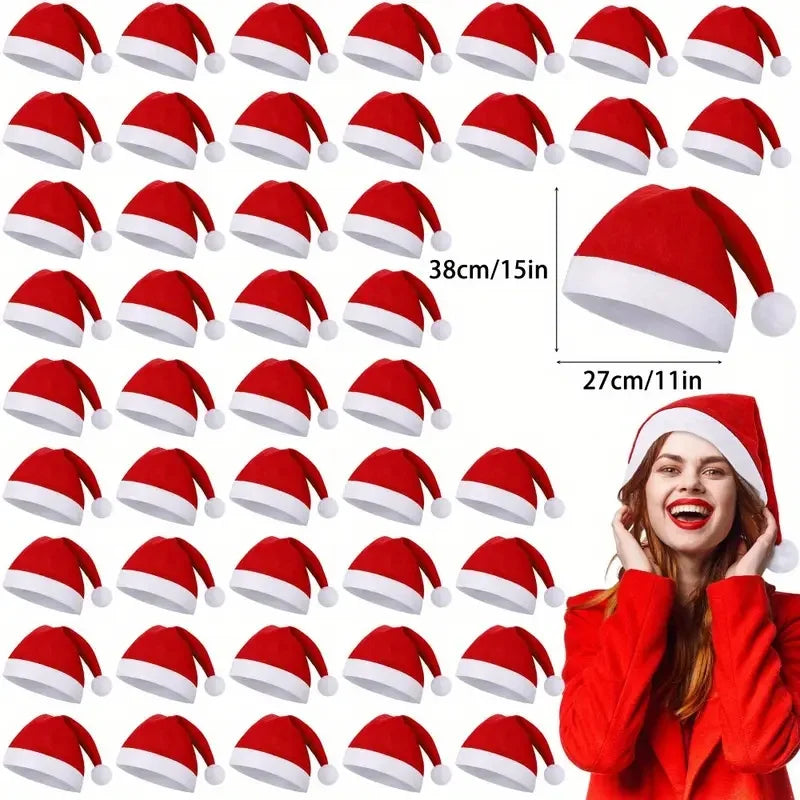 10-100 Non-Woven Santa Hats, Adult Christmas Hats, Christmas and New Year Party Holiday Decorations, Pp Material, Machine Washable, Feather-Free, Suitable for Home Kitchen Party Supplies