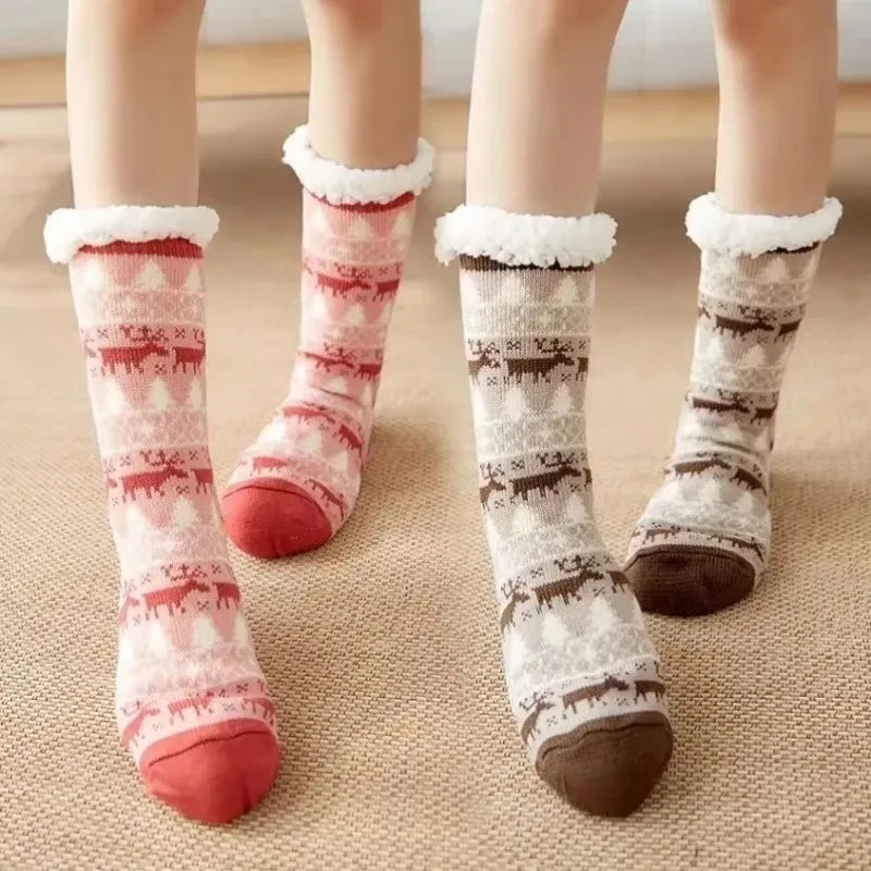 Winter Warm Socks Women Penguin Plush Soft Female Non Grip Floor Slippers Short Sock Fuzzy Fluffy Deer Elk Bear Christmas Gift