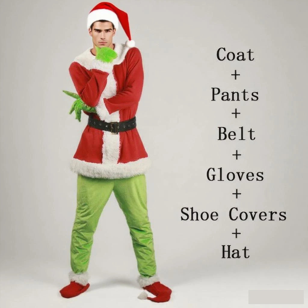 High Quality Santa Claus Grin Christmas Costume Complete Set Coat Pant Hat Mask Adult Cosplay Party Green Monster Shaggy Costume