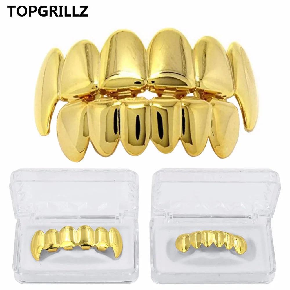 TOPGRILLZ New Fit Rose Gold Color Plated Hip Hop Teeth Grillz Caps Top&Bottom Grill Set for Christmas Party Vampire Tooth Grillz