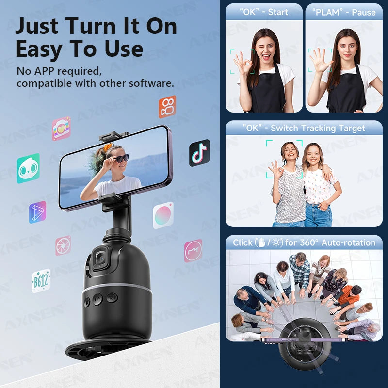 AI Smart Auto Face Tracking Phone Holder – 360° Rotating Gimbal Stand with Gesture Control for iPhone, Android, GoPro & Vlogging (No App Needed)