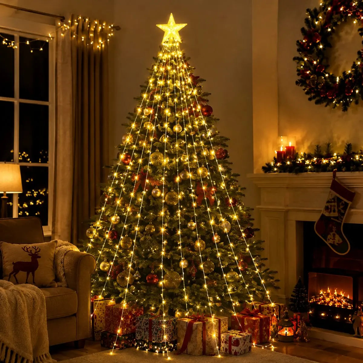 1pc 198LED USB Powered Star Waterfall Tree Lights Xmas Tree Fairy Lamp with Remote Contorl For Park Holiday Christmas Decoration