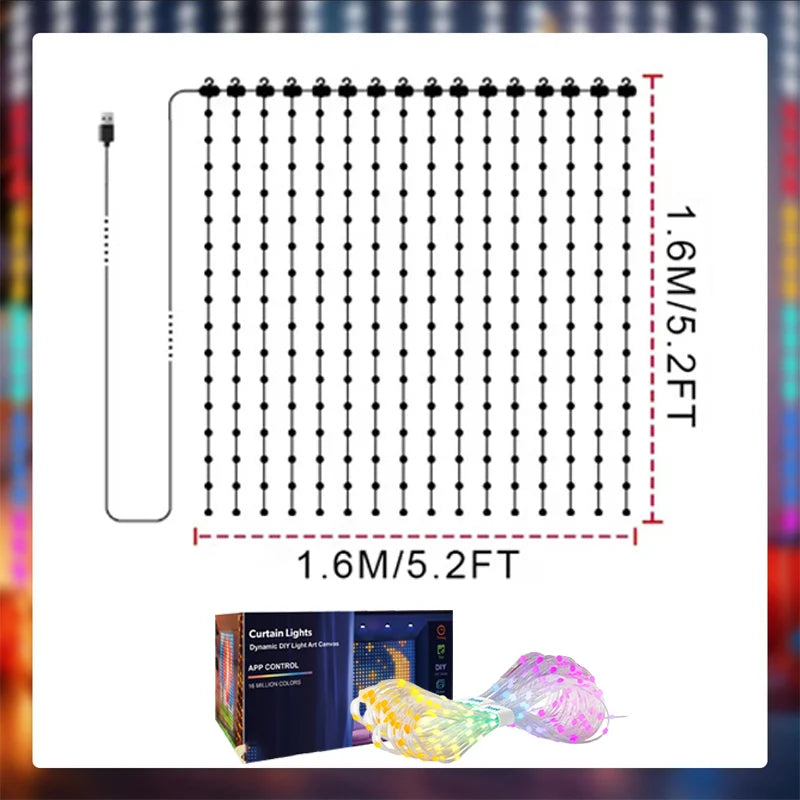 Smart LED Curtain Lights with App Control & Music Sync – Customizable DIY Patterns & Text, Waterproof RGB Fairy Lights for Bedroom, Patio, Holiday & Party Decor