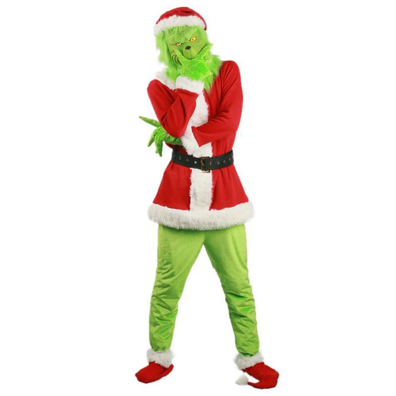 High Quality Santa Claus Grin Christmas Costume Complete Set Coat Pant Hat Mask Adult Cosplay Party Green Monster Shaggy Costume