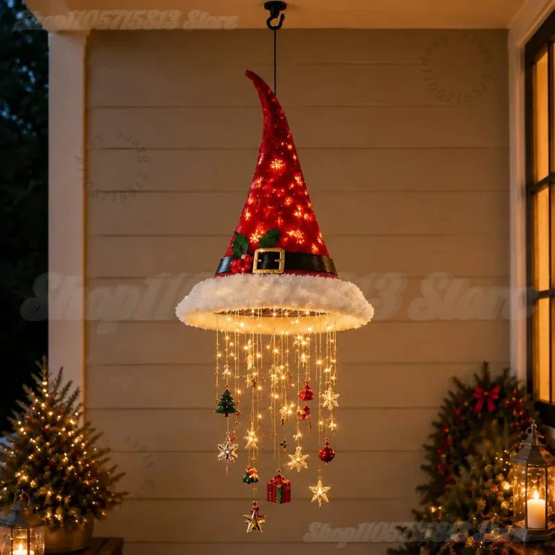 Lighted Santa Hat Hanging Chandelier,3 Styles Warm LED Christmas String Light with Festive Ornaments,Holiday Lighting Decor