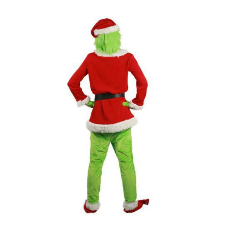 High Quality Santa Claus Grin Christmas Costume Complete Set Coat Pant Hat Mask Adult Cosplay Party Green Monster Shaggy Costume
