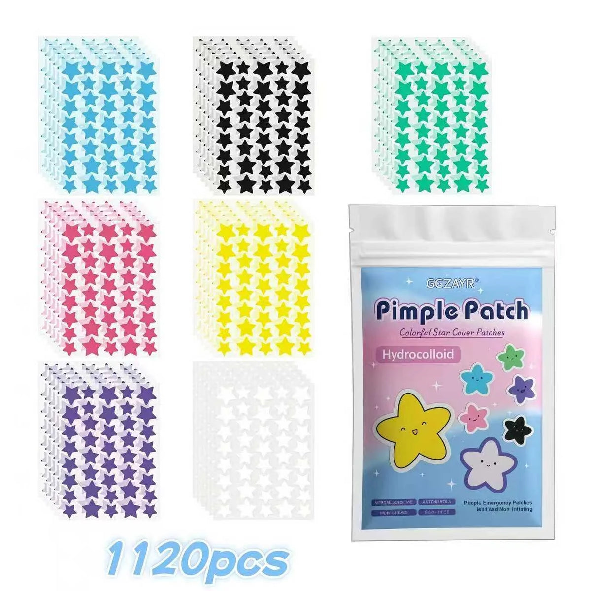 CHROMA-STAR HYDRO-SHIELD | 7-Color Star Hydrocolloid Blemish Patches (280 / 1120 / 1680 Pack)