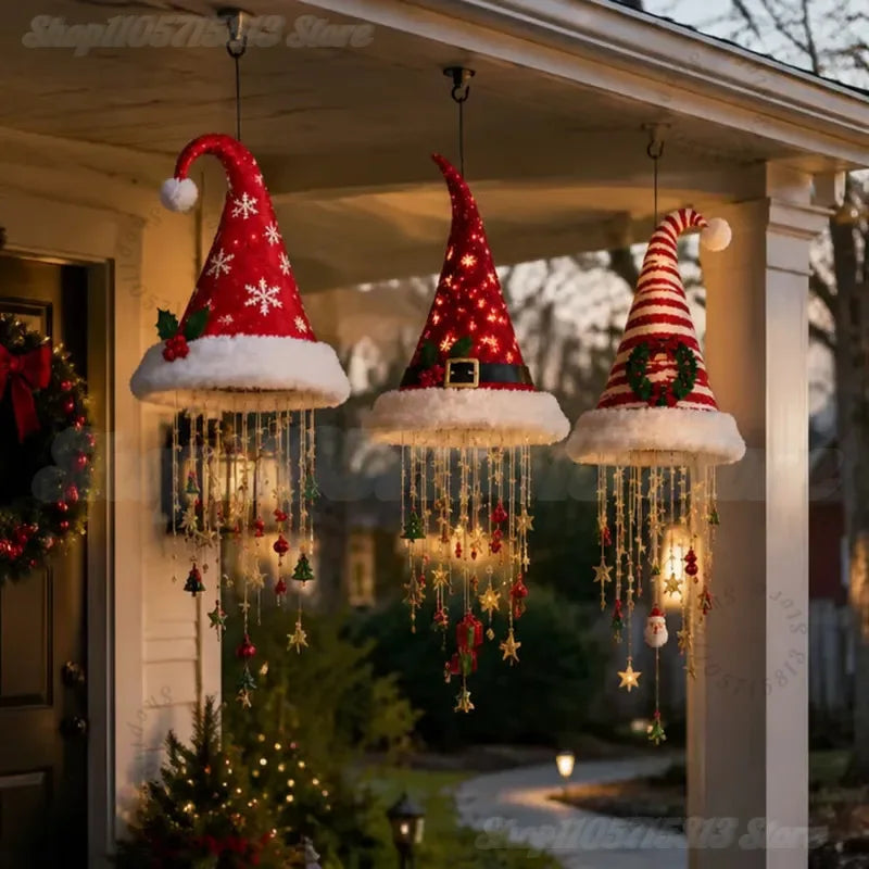 Lighted Santa Hat Hanging Chandelier,3 Styles Warm LED Christmas String Light with Festive Ornaments,Holiday Lighting Decor