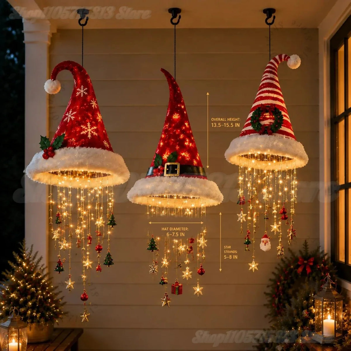 Lighted Santa Hat Hanging Chandelier,3 Styles Warm LED Christmas String Light with Festive Ornaments,Holiday Lighting Decor