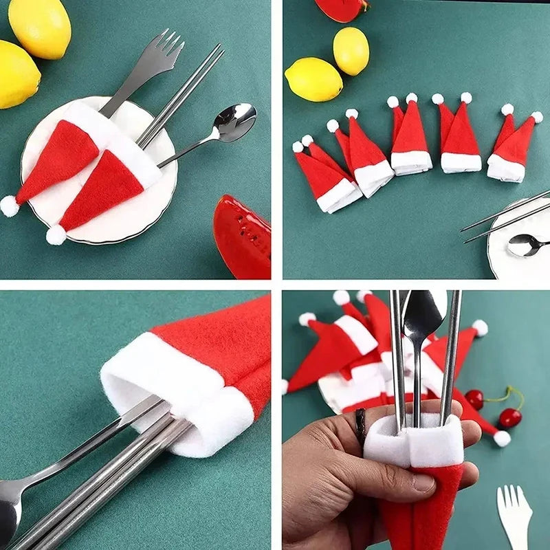 Mini Santa Hat Cutlery Holders – Festive Christmas Dinner Tableware Pouch for Fork & Knife, Holiday Dinner Party Decor & Favor
