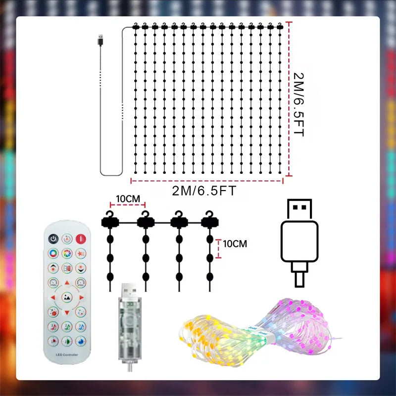 Smart LED Curtain Lights with App Control & Music Sync – Customizable DIY Patterns & Text, Waterproof RGB Fairy Lights for Bedroom, Patio, Holiday & Party Decor